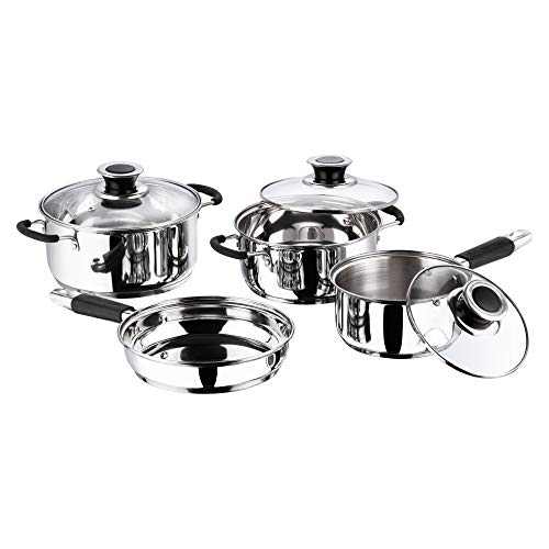 Vinod Stainless Steel Master Chef 4 Pcs Cookware Set of Kadhai 2 Litre (20 cm), Frypan 20 cm, Saucepan 1.5 Litre (16 cm) and Casserole 2.1 Litre (18 cm) with Glass Lids - Silver (Induction Friendly)