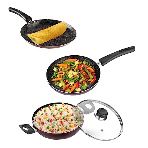 Vinod Supreme Non Stick Cookware Set Combo 3 Pieces | Kadai with Glass Lid, Dosa Tawa, and Frypan | 5-Ply Aluminum Layer (3mm Thick) | Gas and Induction Base | 2 Year Warranty | Red