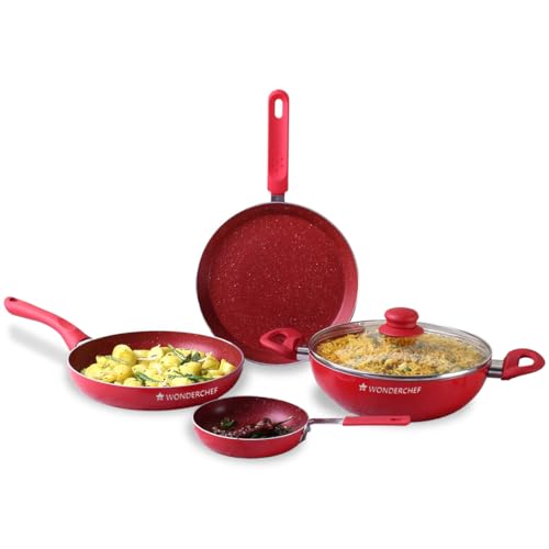 Wonderchef Royal Velvet Non-Stick 5 pcs Cookware Set|Fry Pan with Lid, Kadhai, Dosa Tawa, Mini Fry Pan|Induction Bottom and Soft-Touch Handles|PFOA & Heavy Metals Free|3 mm Thick|2 Years Warranty|Red