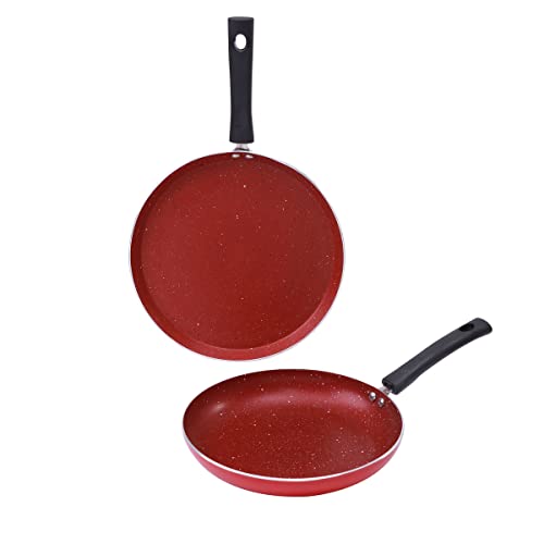 Wonderchef Valencia Non-Stick Cookware 2 Piece Set | Fry Pan 24 cm, Dosa Tawa 28 cm | Cool Touch Bakelite Handles | Pure Grade Aluminium| PFOA Free| 2 Years Warranty | Red