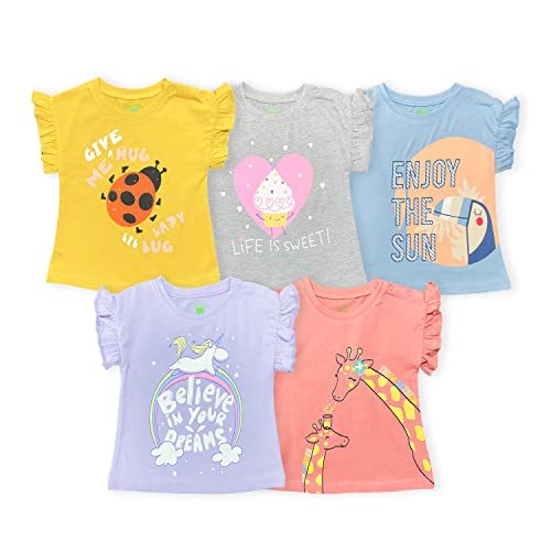 YUV Baby Girls' 100% Cotton Printed T-Shirt (Pack of 5)