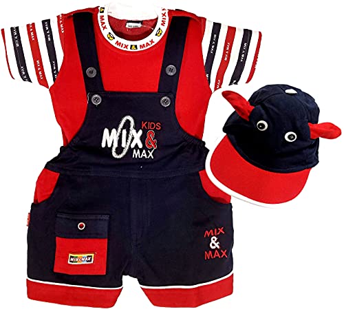 little PANDA Baby Boy's Cotton Clothing Set Of Embroidered Dungaree, T-Shirt & Cap