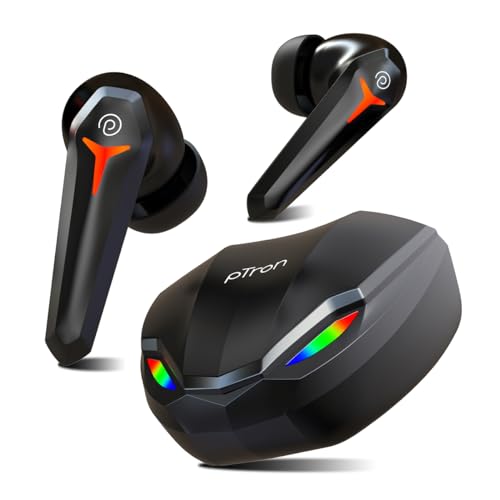 pTron Newly Launched Bassbuds Razer TWS Earbuds, 40ms Gaming Low Latency, TruTalk AI-ENC Calls, Deep Bass, 45Hrs Playtime, HD Mic, in-Ear Bluetooth 5.3 Headphones, Type-C Fast Charging & IPX5 (Black)