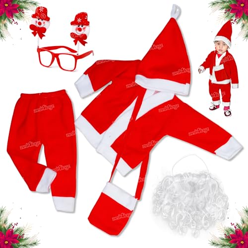 Zest 4 Toyz Santa Claus Dress Christmas Santa Costume for Children With Jacket Pant Cap Pouch And Christmas Party Goggle Frame & Beard For Kids Babies Boy & Girls