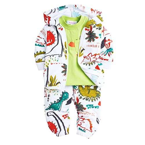 Hopscotch Boys Cotton All-Over Print T-Shirt With Jacket & Pant Set in Green Color