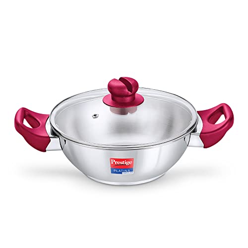 Prestige Platina Popular Stainless Steel Gas and Induction Compatible Kadai with Glass Lid, 300 mm