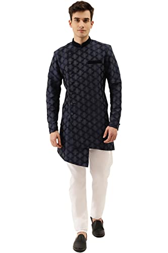 Manyavar Semi Indowestern and Patiala Set for Men, Full Sleeves Mandarrin Collar, Silk Blend Indowesten Dress Set (Blue) (XL)