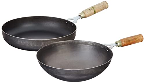 Amazon Brand - Solimo Sheet Metal Iron Cookware Set of 2 Pcs (Wok 24 cm, Frying Pan 24 cm, Black)