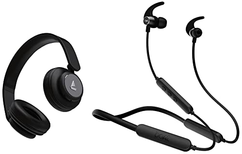 boAt Rockerz 450 Bluetooth On Ear Headphones with Mic, Upto 15 Hours Playback, 40MM Drivers, Integrated Controls and Dual Modes(Luscious Black) & Rockerz 255 Pro+ in-Ear Bluetooth Neckband