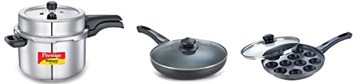 Prestige Aluminium Omega Select Plus Paniyarakkal (240 Mm, Black), Black & Svachh Deluxe Alpha 8 Litre Pressure Cooker & Aluminium Omega Deluxe Granite Fry Pan, 280 mm, Black (3 litres)