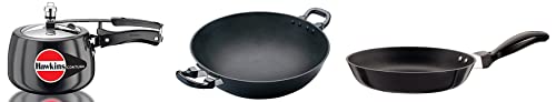 Hawkins Contura Hard Anodised Aluminium Pressure Cooker, 3 Litres, Black & Futura 3.25 Mm Thickness Frying Pan (1 Litre, 22 Cm, Black) & Futura Deep-Fry Pan (Kadhai, Round Bottom), Black, 3 Liter