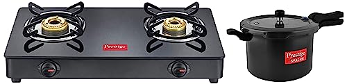 Prestige Svachh Hard Anodised Aluminium Outer Lid Pressure Cooker, 7.5 Litre, Black & Prestige IRIS LPG Gas Stove, 2 Burner, Black, Powder coater Mild Steel with Glass Top, Manual