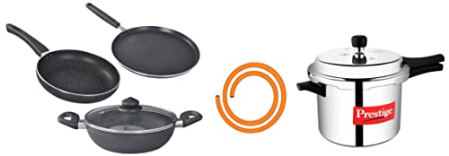 Prestige Omega Deluxe Granite Aluminium Kitchen Sets with 1 Glass Lid (Black) - 3 Pieces&Prestige Popular Aluminium Outer Lid Pressure Cooker, 5 litres, Silver&Prestige LPG Hose, Multi