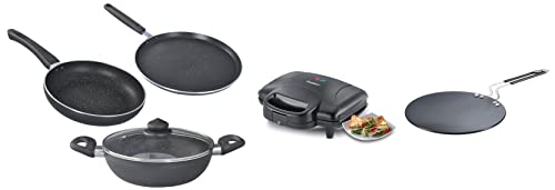 Prestige Aluminium Omega Deluxe Granite Finish (Black) - 3 Pieces & Sandwich Maker PGMFD 01 & Hard Anodised Aluminium Plus Cookware Induction Base Roti Tawa, 225mm, Black