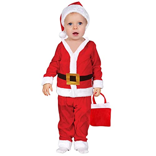Kaku Fancy Dresses Santa Clause Christmas Day Costume in Velvet Fabric with Cap, Belt, Beard and Bag - Red & White, 7-8 Years, For Boy's