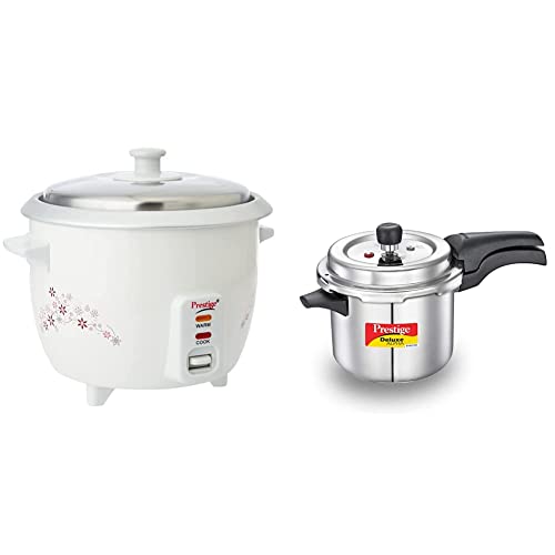 Prestige Delight Prwo 1-Litre Electric Rice Cooker (White) + Prestige Svachh Deluxe Alpha 3.5 Litre Stainless Steel Pressure Cooker, 1 Liter