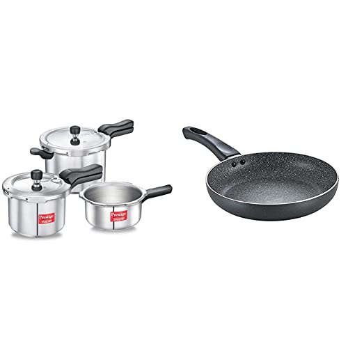 Prestige Svachh Aluminium 2+3+5 Litre Combo cooker with Induction Base + Prestige Omega Deluxe Granite Fry Pan, 240mm, Black (36305)
