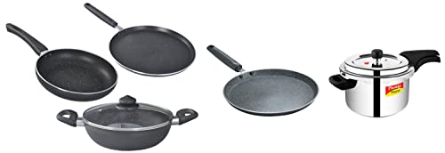 Prestige Svachh Deluxe Alpha 4ltr Outer Lid Pressure Cooker&Prestige Omega Deluxe Granite Dosa Tawa, 28 cm&Prestige Omega Deluxe Granite s with 1 Glass Lid - 3pcs