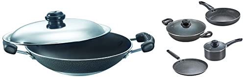 Prestige Omega Granite Aluminium Kitchen Set, 4-Pieces, Black & Omega Select Plus Residue Free Non-Stick Deep Appachetty with Lid, 20cm,Black and Stainless Steel