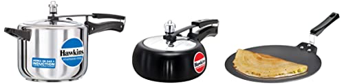 Hawkins Aluminium Futura Dosa Tava, Diameter 30 cm, Thickness 4.88 mm (Black) & Pressure Cooker, 5 Litre, Silver (HSS50) & Contura Hard Anodised Aluminium Pressure Cooker, 2 Liters , Black