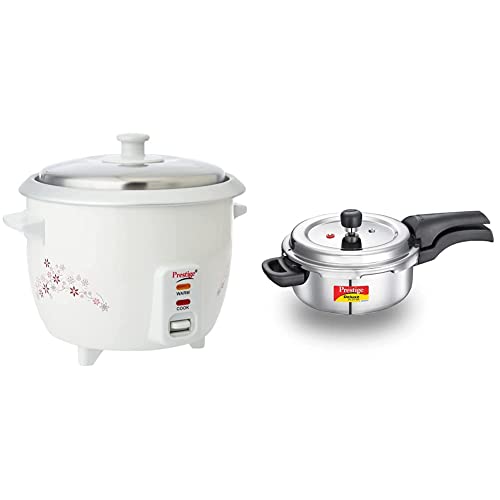 Prestige Delight Prwo 1-Litre Electric Rice Cooker (White) + Prestige Svachh Deluxe Alpha 3.0 Litre Stainless Steel Pressure Cooker, 3 Liter