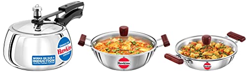 Hawkins Contura Induction Compatible Pressure Cooker, 3ltr &Hawkins Tri-Ply Induction Compatible Deep-Fry Pan with Glass Lid, 2.5ltr &Hawkins Tri-Ply Induction Compatible Deep Kadhai with Lid, 4ltr