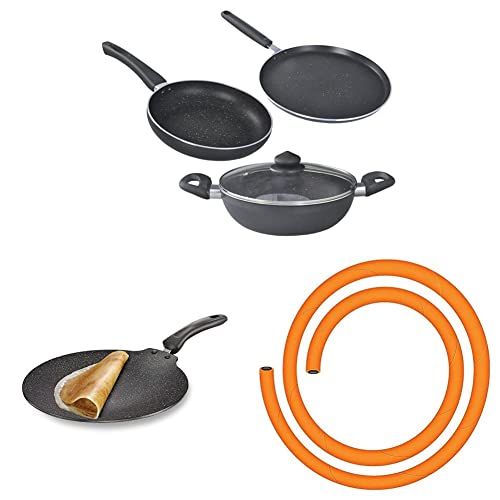 Prestige Omega Deluxe Granite Aluminium Kitchen Sets with 1 Glass Lid (Black) - 3 Pieces&Prestige Omega Deluxe Granite Aluminium Flat Dosa Tawa, (Black, 30 cm) LPG Hose, Multi