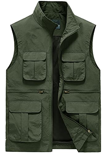 AIEOE Men's Outdoor Workout Vest Lightweight Travel Photo Vest Sleeveless Jacket with Pockets, Green-1, XX-Large