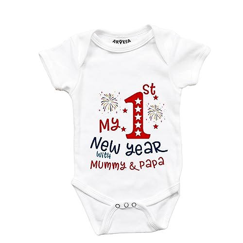 ARVESA My First New Year With Mummy and Papa Theme Unisex Baby 0-3 Month White Romper Onesie Neck R-1285-S-WHITE My First New year Dress For Baby Boy & Girl, New Year Baby Dress