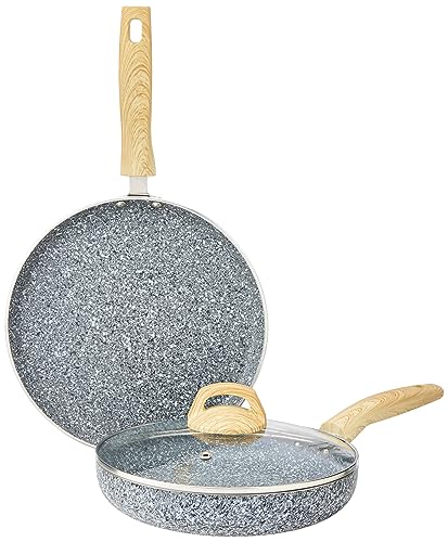 Amazon Basics 2-Piece Non-Stick Cookware Set, Granite Finish, Induction Base (1 Fry Pan - 24 cm and 1 Tawa - 28 cm; Granito Grey)