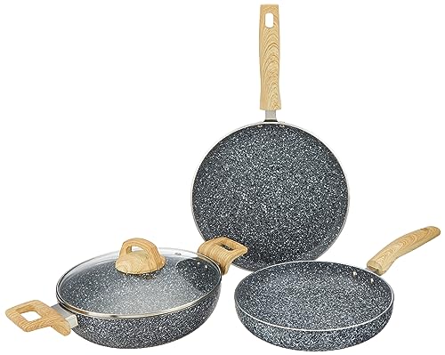 Amazon Basics 3-Piece Non-Stick Cookware Set, Granite Finish, Induction Base (1 Tawa - 28 cm, 1 Fry Pan - 24 cm, 1 Deep Kadai with Glass Lid - 24 cm; Granito Grey),Aluminium,4