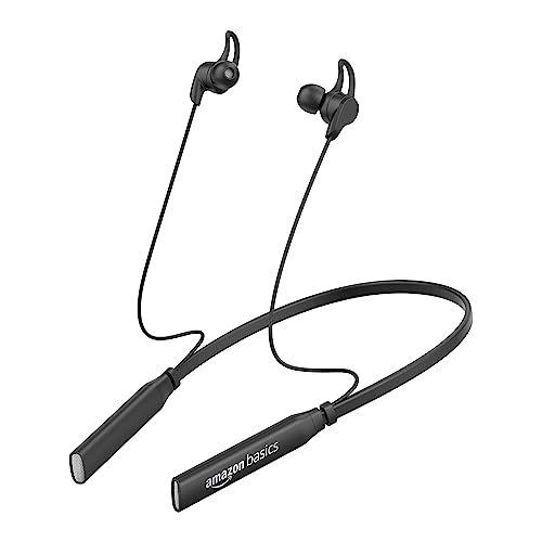 Amazon Basics in-Ear Bluetooth 5.0 Wireless Neckband with Mic, Up to 13 Hours Playback Time, Magnetic Earbuds, Noise Cancellation, Voice Assistant, Dual Pairing and IPX5 Rated (Black)