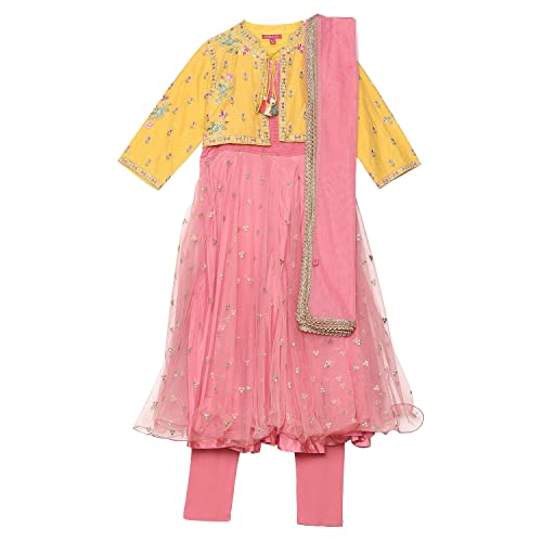 BIBA Girls Girl's Yellow Solid Straight Kurta Churidar Suit Set