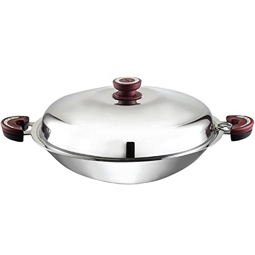 BUFFALO Stainless Steel Wok Pan with Lid Round Bottom 14 inch (35cm) Stir Frying Pan Tri-Ply Nonstick Cookware - Double Handle Cooking Pot for Induction/Electric/Gas Stoves