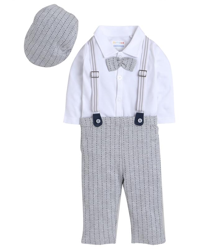 BUMZEE Light Grey & White Boys Full Sleeves Shirt Pant Set With Suspender & Cap