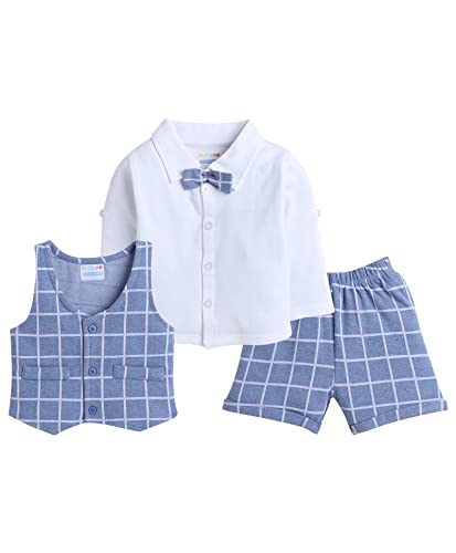 BUMZEE Sky Blue & White Boys Half Sleeves Shirt Waistcoat & Short Set with Applique Bow