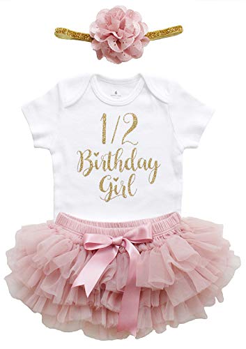 Baby Girl Half Birthday Outfit 1/2 Birthday Girl Outfits Gold Glitter Dusty Rose Bodysuit Tutu Bloomer Sets 3PCS (Dusty Rose Short Sleeve, 6 Months)