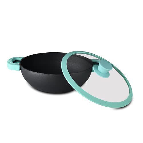 Bergner Elements Cast Iron 25 cm Kadai, Pre-Seasoned, 3.3 L Capacity, For Deep-Fry/Stir-Fry/Curry/Roast/Grill/Serving, Teal Blue Silicone Handle & Glass Lid Rim, Induction & Gas ready, 7-Year Warranty