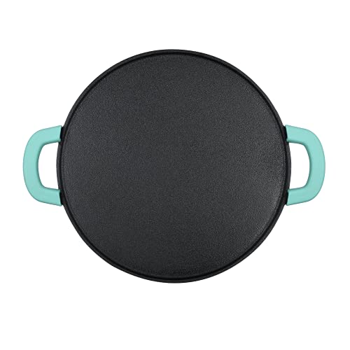 Bergner Elements Cast Iron 30 cm Flat Tawa, Pre-Seasoned, For Paratha/Dosa/Pav Bhaji/Wraps/Tortilla/Uttapam/Pancake/ Crepe/Eggs/Toast, 2X Teal Blue Silicone Handles, Induction & Gas ready, 7-Year Warranty