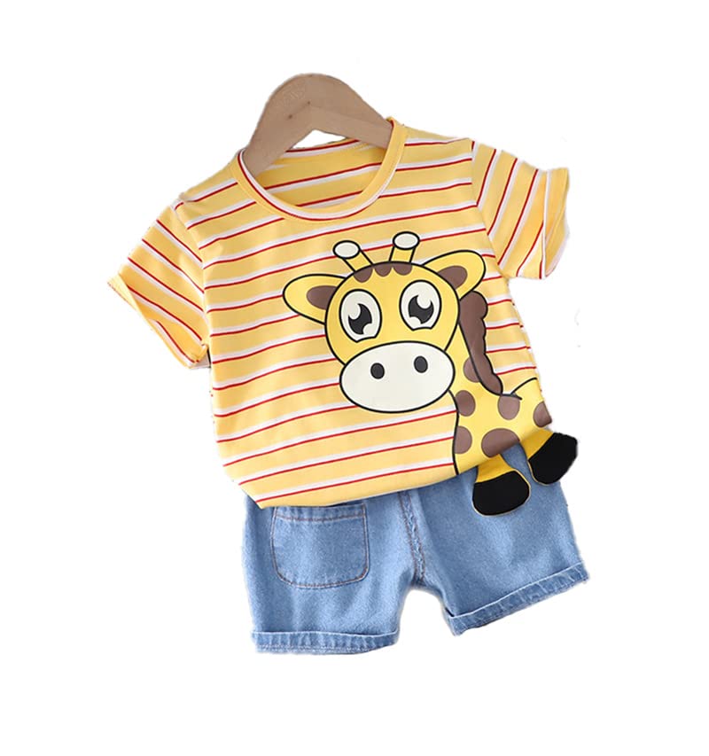 Bold N Elegant 3D Cute Giraffe Cartoon Half Sleeve Stripe T-shirt with Denim Shorts Knicker Summer Clothes for Infant Toddler Kids