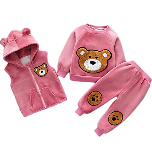 Bold N Elegant Cute Cartoon Bear Graphics Winter Warm Sweatshirt Hood Jacket and Jogger Pant 3 Pc Layering Clothing Set for Infant Toddler Kids (Blush Pink, S)