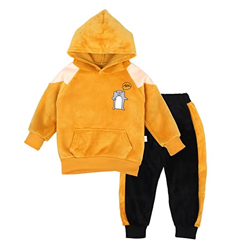 Bold N Elegant Cute Hamster Cartoon Warm Velvet Pullover Sweatshirt Hoodie Tshirt and Pyjama Pant Winter Clothing Set for Infant Toddler Kids (Mustard Yellow, 3-4 Years)