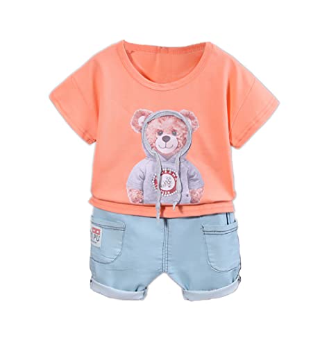 Bold N Elegant Cute Teddy Bear in Hood Cartoon Print Half Sleeve Cotton Tshirt with Denim Shorts Knicker Summer Clothes Dress for Infant Toddler Kids (5-6 Years, Pink)