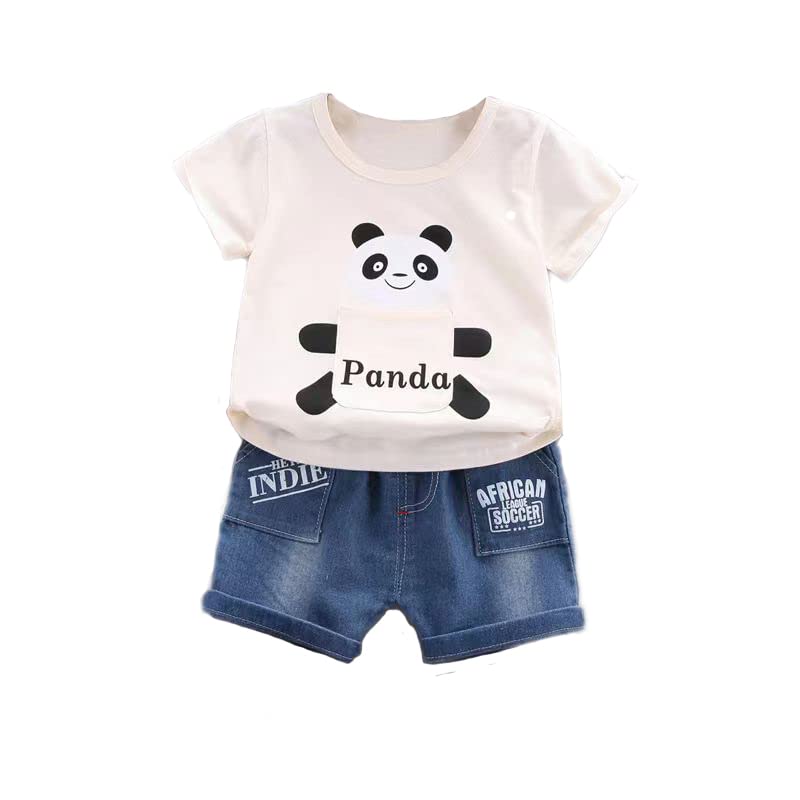 Bold N Elegant Kid's Cartoon Panda Print Cotton Lycra Half Sleeve T-shirt & Denim Shorts Summer Clothing Set for Infant Toddler Boys