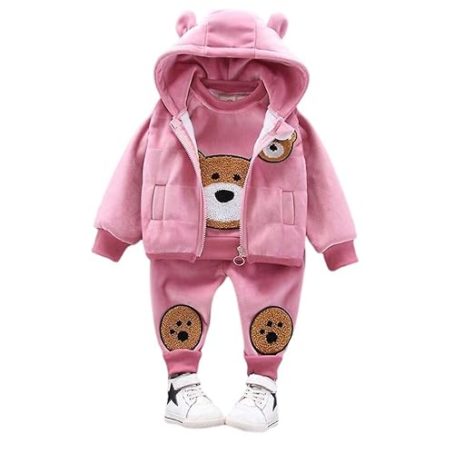 Bold N Elegant Kid's Luxury Cartoon Winter Warm Sweatshirt Hoodie Jacket and Jogger Pant 3 Pc Layering Party Clothing Set for Infant Toddler Kids (3-4 Years, Pink)