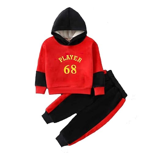 Bold N Elegant Warm Velvet Pullover Sweatshirt Hoodie Tshirt and Pyjama Set Winter Clothing Set for Infant Toddler Baby Boys Girls (Red, 3-4 Years)