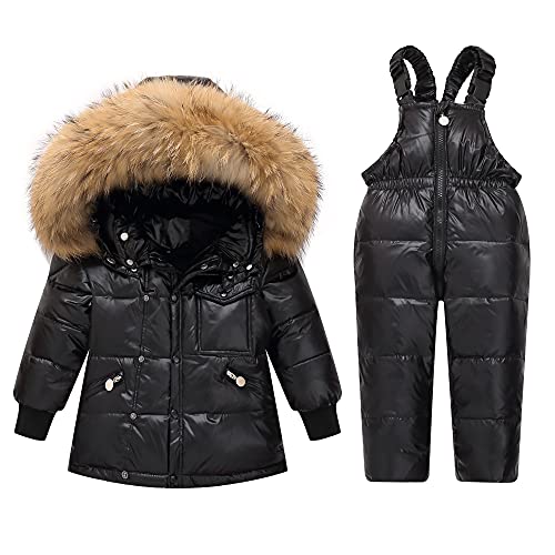 Boys Girls Snowsuits Down Jacket and Snow Trousers Baby Winter Hooded Coat Long Sleeve Puffer Jacket with Ski Pants 2-6 Years, Black, 3-4 Year