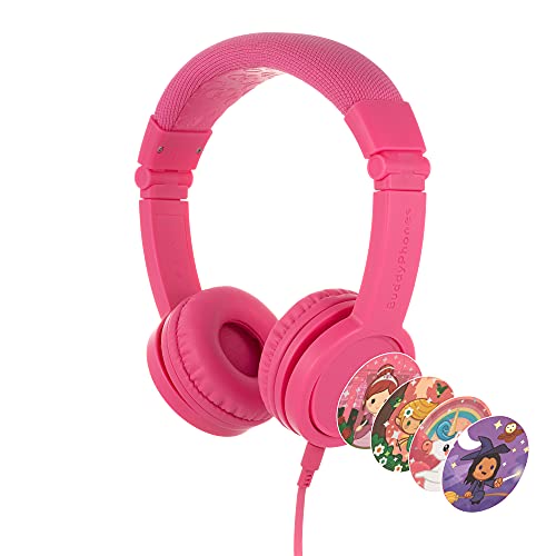 BuddyPhones Onanoff Explore Volume Limiting Kids Headphones Durable, Comfortable & Customizable Built in Headphone Splitter and in Line Mic for Ipad, Kindle, Computers and Tablets Pink