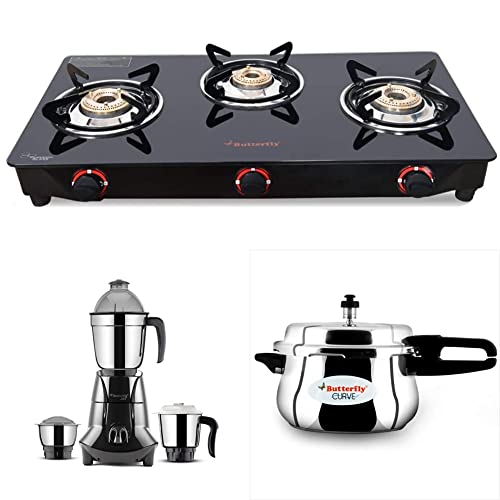 Butterfly Smart Glass 3 Burner Gas Stove, Black&Butterfly Curve Stainless Steel Outer Lid Pressure Cooker, 5.5 Litre&Butterfly Jet Elite 750-Watt Mixer Grinder with 3 Jars (Grey)