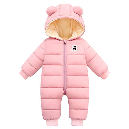 CHAOJIESI Unisex Baby Winter Flannel Lining Romper Long Sleeve Zipped Hooded Snowsuit Boys Thick Jumpsuit One Piece 18-24 Months Pink